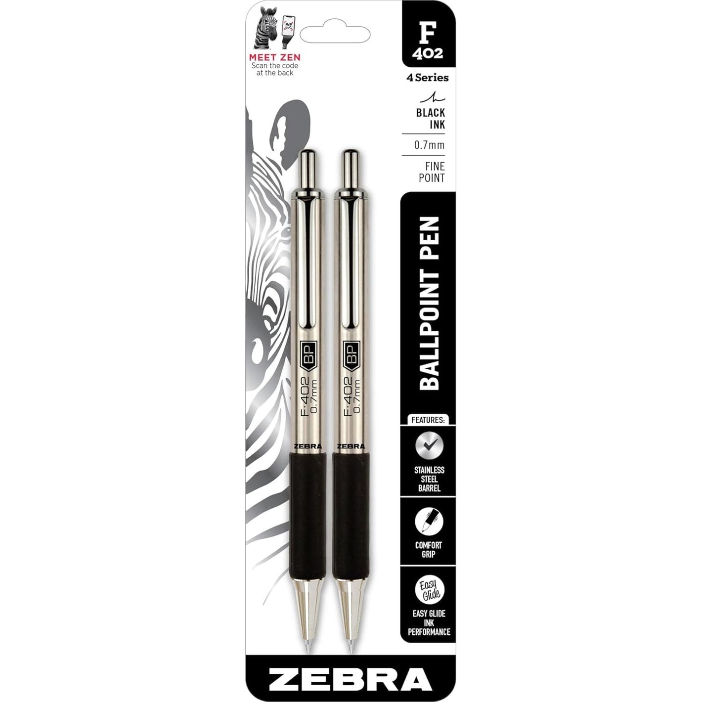 Zebra Pen F-402 Stainless Steel Retractable Ballpoint Ink Pens 2-Pack, Black Ink, 0.7mm Fine Point, Easy-Glide Ink, Non-Slip Grip, Metal Clip, Refillable With F-Refill (29212)