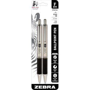 Zebra Pen F-402 Stainless Steel Retractable Ballpoint Ink Pens 2-Pack, Black Ink, 0.7mm Fine Point, Easy-Glide Ink, Non-Slip Grip, Metal Clip, Refillable With F-Refill (29212)
