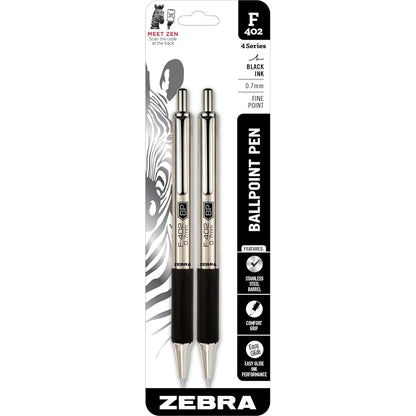 Zebra Pen F-402 Stainless Steel Retractable Ballpoint Ink Pens 2-Pack, Black Ink, 0.7mm Fine Point, Easy-Glide Ink, Non-Slip Grip, Metal Clip, Refillable With F-Refill (29212)