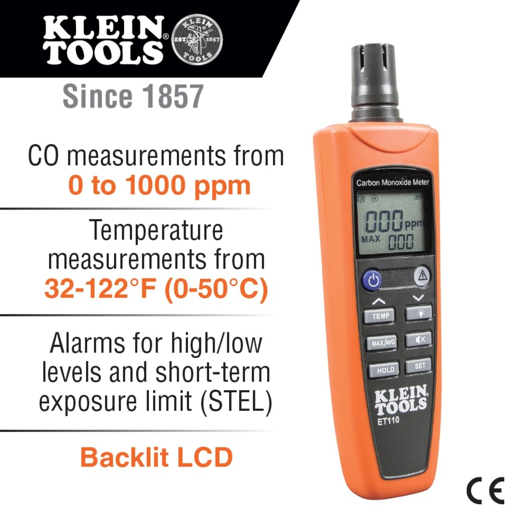 Buy now Klein Tools ET110 CO Meter, Carbon Monoxide Tester and Detector with Exposure Limit Alarm, 4 x AAA Batteries and Carry Pouch Included at indiglob india