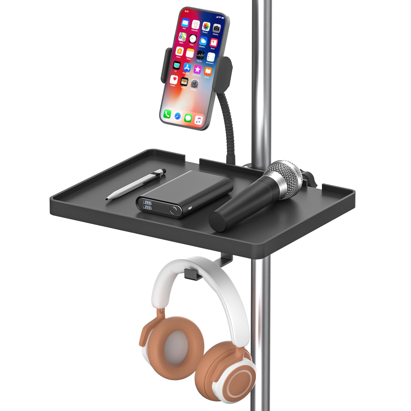 Buy now Functional Microphone Stand Tray with Adjustable Mic Stand Phone Holder - 8.7"x6.5" Mic Stand Tray Shelf Clamp-On Music Stand Accessory for Live Streaming Karaoke Recording at indiglob india