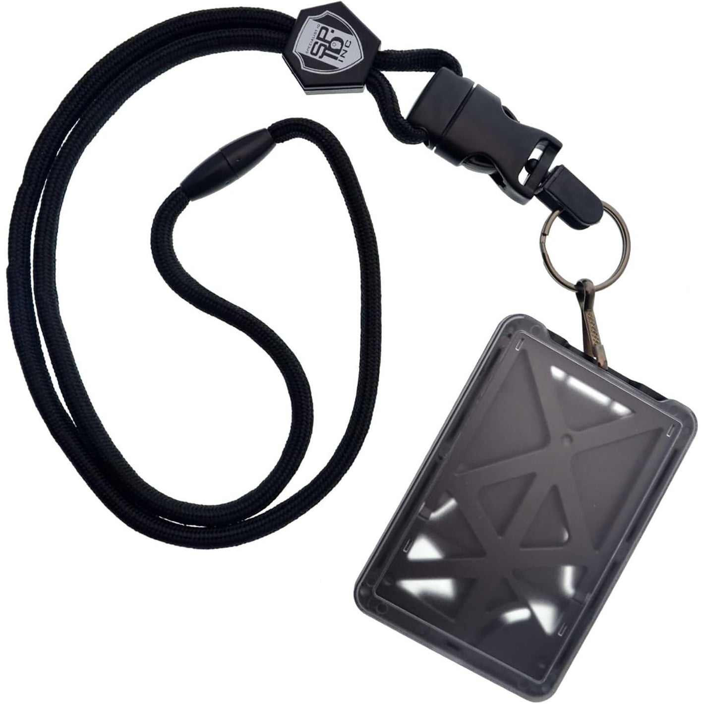 Specialist ID Vertical Top Load Three Card Badge Holder - Hard Plastic with Heavy Duty Breakaway Lanyard w Quick Release Metal Clip & Key Ring (One Holder / 3 Cards Inside) (Black)