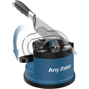 AnySharp – GLOBAL – Hands Free Knife Sharpener - Easy to Use Sharpening Tool with PowerGrip Suction Base and 20-Degree Pre-set Angle - For All Knives: Chef’s, Serrated, and Hardened Steel - Blue