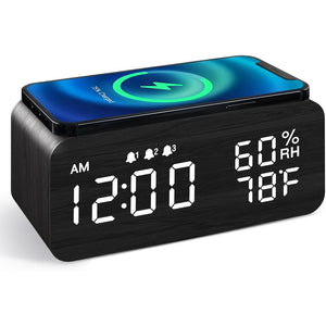 JALL Wooden Digital Alarm Clock with Wireless Charging, Dimmable, Adjustable Volume, 3 Alarms, Weekday/Weekend Mode, Snooze, Digital Clock for Bedroom, Bedside, Office (Black)