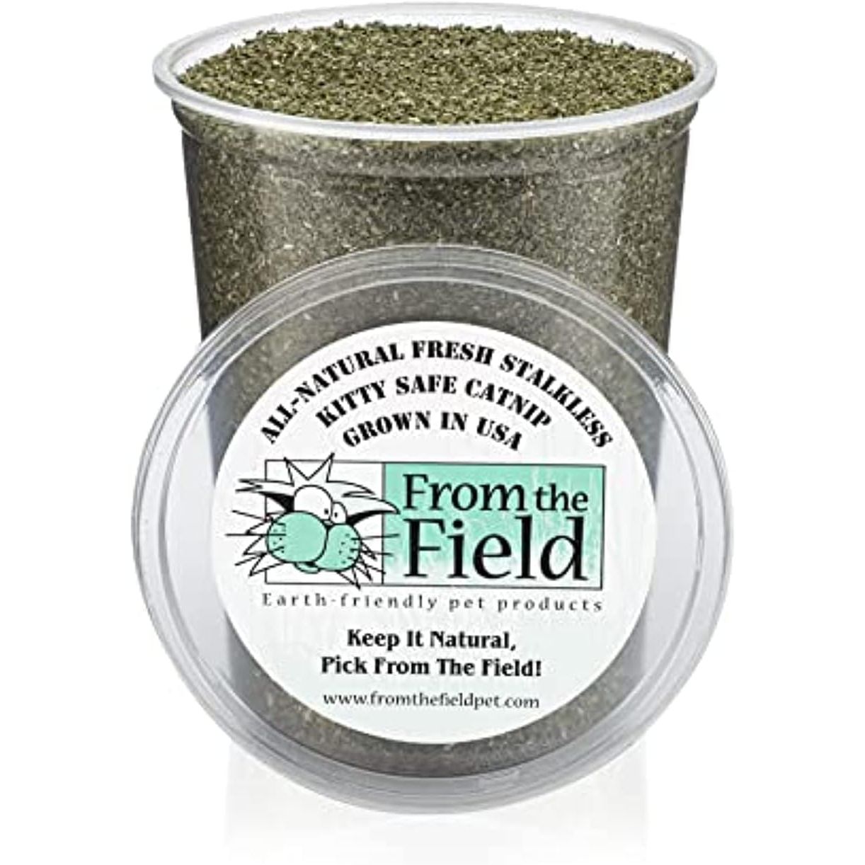from The Field | Fine Ground Stalkless Catnip | Premium USA-Grown Catnip for Toys & Playtime | Fresh, Potent, Non-Toxic, Eco-Friendly | Safe for Kittens & Cats | Resealable 6 oz Tub