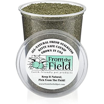 from The Field | Fine Ground Stalkless Catnip | Premium USA-Grown Catnip for Toys & Playtime | Fresh, Potent, Non-Toxic, Eco-Friendly | Safe for Kittens & Cats | Resealable 6 oz Tub