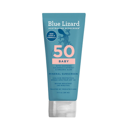 BLUE LIZARD Baby Mineral Sunscreen with Zinc Oxide, SPF 50+, Water Resistant, UVA/UVB Protection with Smart Cap Technology - Fragrance Free, 3 Ounce Tube