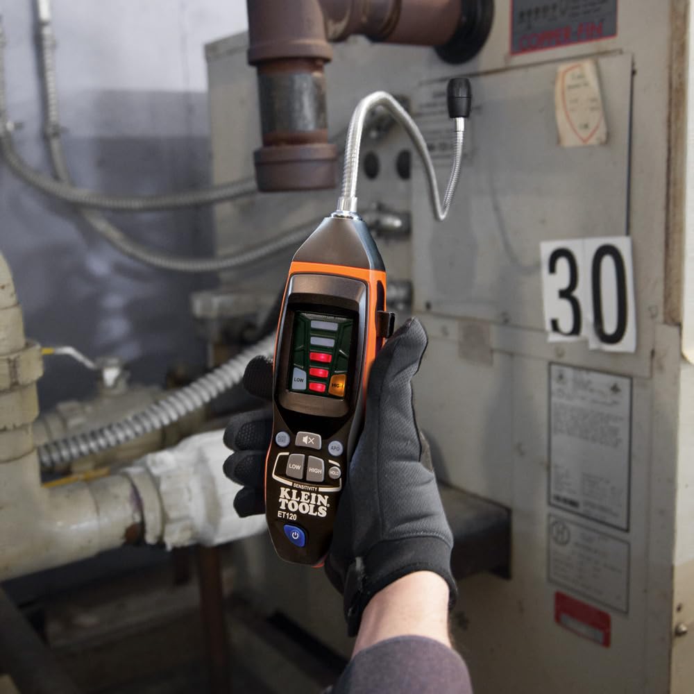 Buy now Klein Tools ET120 Gas Leak Detector, Combustible Gas Leak Tester with 18-Inch Gooseneck Has Range 50-10,000 ppm, Includes Pouch, Batteries at indiglob india