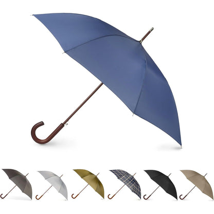 Totes Eco Auto Open Umbrella Classic Wooden J Stick Handle with Easy Grip - Windproof, Rainproof and Durable Canopy Design – Versatile Travel, Perfect for Rainy Days