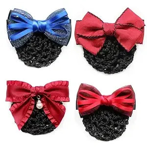 Hair Snood Net for Women, Hair Clip with Net Cover for Bun - Lady Barrette with Hairnet Hairbun for Ballet Dance TH-FJ-H2 (Set of 4 - Pink, Purple, Red, Navy Blue)