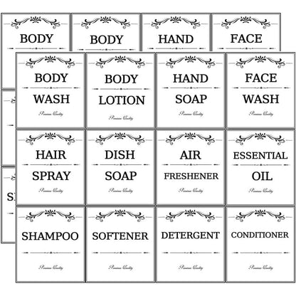 Printed Bathroom Labels Set 24PCS Waterproof Refillable Bottles Stickers for Dish Soap Body Wash Conditioner Shampoo Display White-Style B