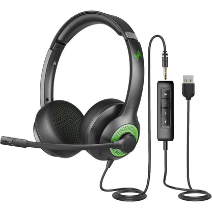 USB Headset with Microphone for PC, On-Ear Computer Laptop Headphones with Noise Cancelling Microphone in-line Control for Home Office Online Class Skype Zoom (USB+3.5mm, Black)