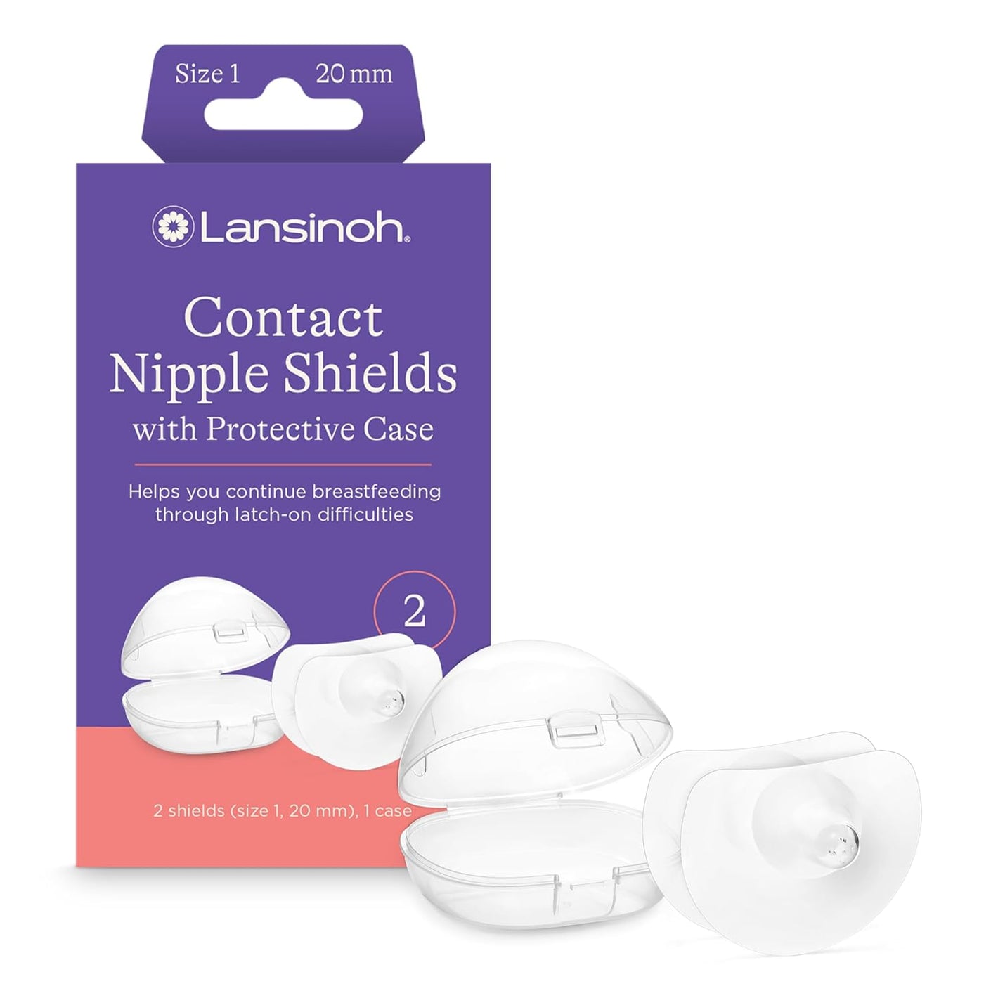Lansinoh Contact Nipple Shields for Nursing Mothers, Ultra-Thin Soft & Flexible Medical-Grade Silicone Shields Designed for Sensitive Nipples and Latch-On Support, with Protective Case, 20mm, 2 Count