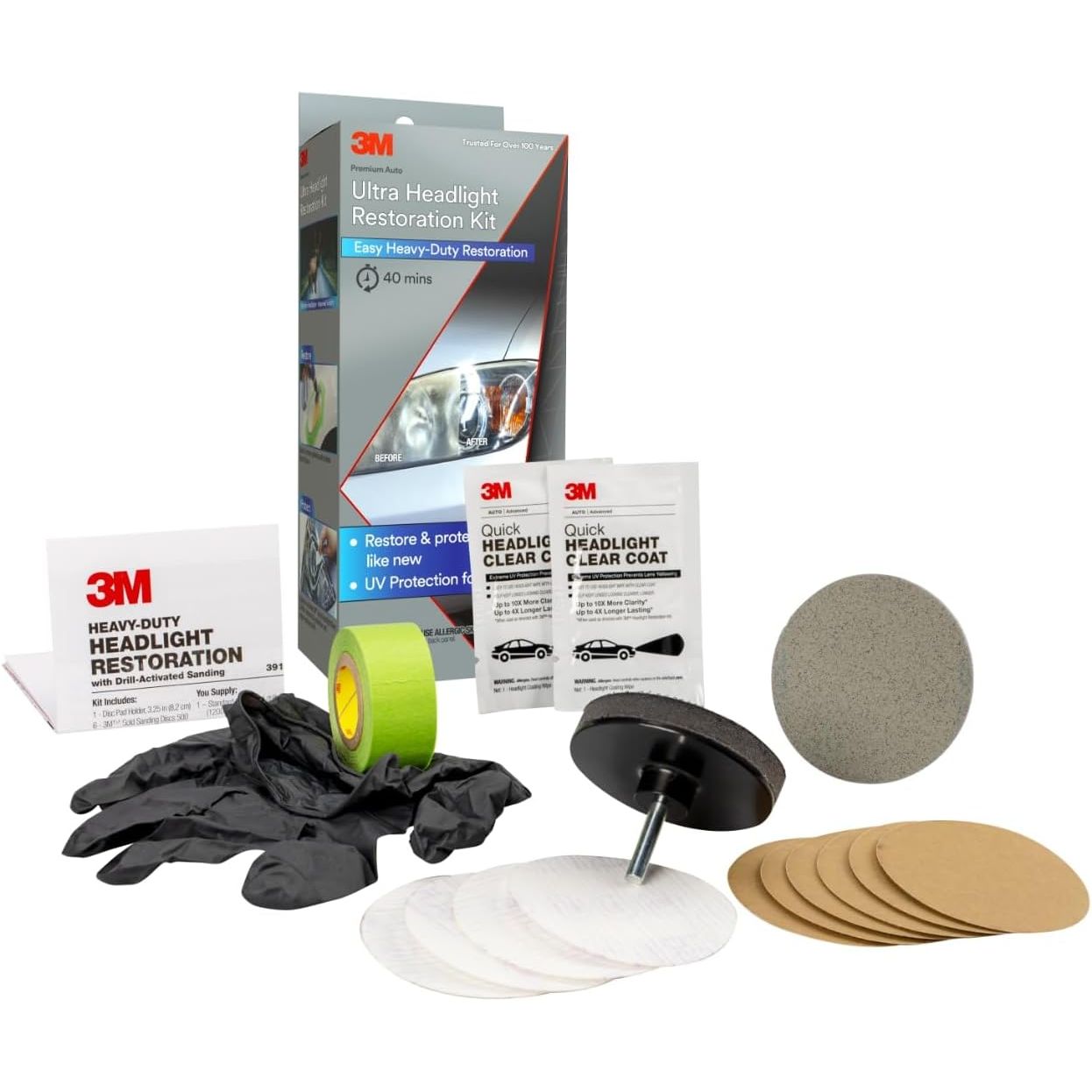 3M Ultra Headlight Restoration Kit, Contains Masking Tape, Light Sanding Discs, Wax Protectant and More, Use on Plastic Lenses Headlights, Taillights and More, Easy Heavy-Duty Restoration (39195)