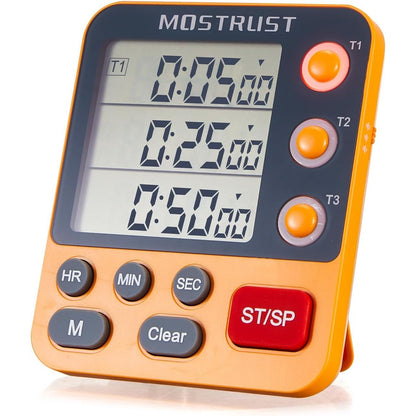 Digital Dual Kitchen Timer for Cooking, 3 Channels Count Down/up Triple Multi Timers for Food, Magnetic Memory-Preset Large-Display Adjustable Alarm Volume, 3A Battery Included