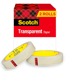 Scotch Brand Transparent Tape, Clear Tape Engineered for Office and Home Use, 3/4 x 2592 Inches, 3 Inch Core, 2 Rolls