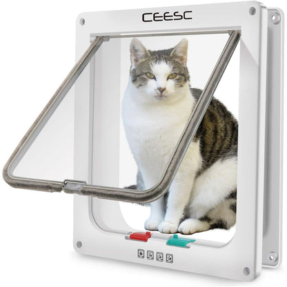 CEESC Extra Large Cat Door (Outer Size 11"x9.8"), Weatherproof, White, ABS Material, 4-Way Locking Flap for Cats & Dogs up to 25.54 lbs