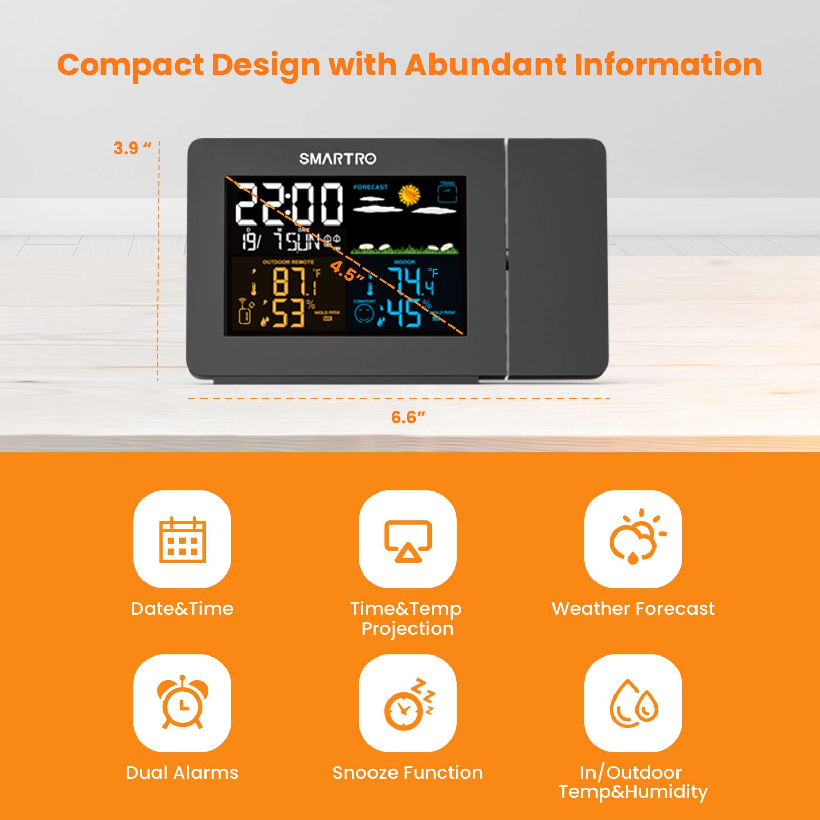 Buy now SMARTRO SC91 Projection Alarm Clock for Bedrooms with Weather Station, Wireless Indoor Outdoor Thermometer, Temperature Humidity Monitor Gauge Hygrometer at indiglob india