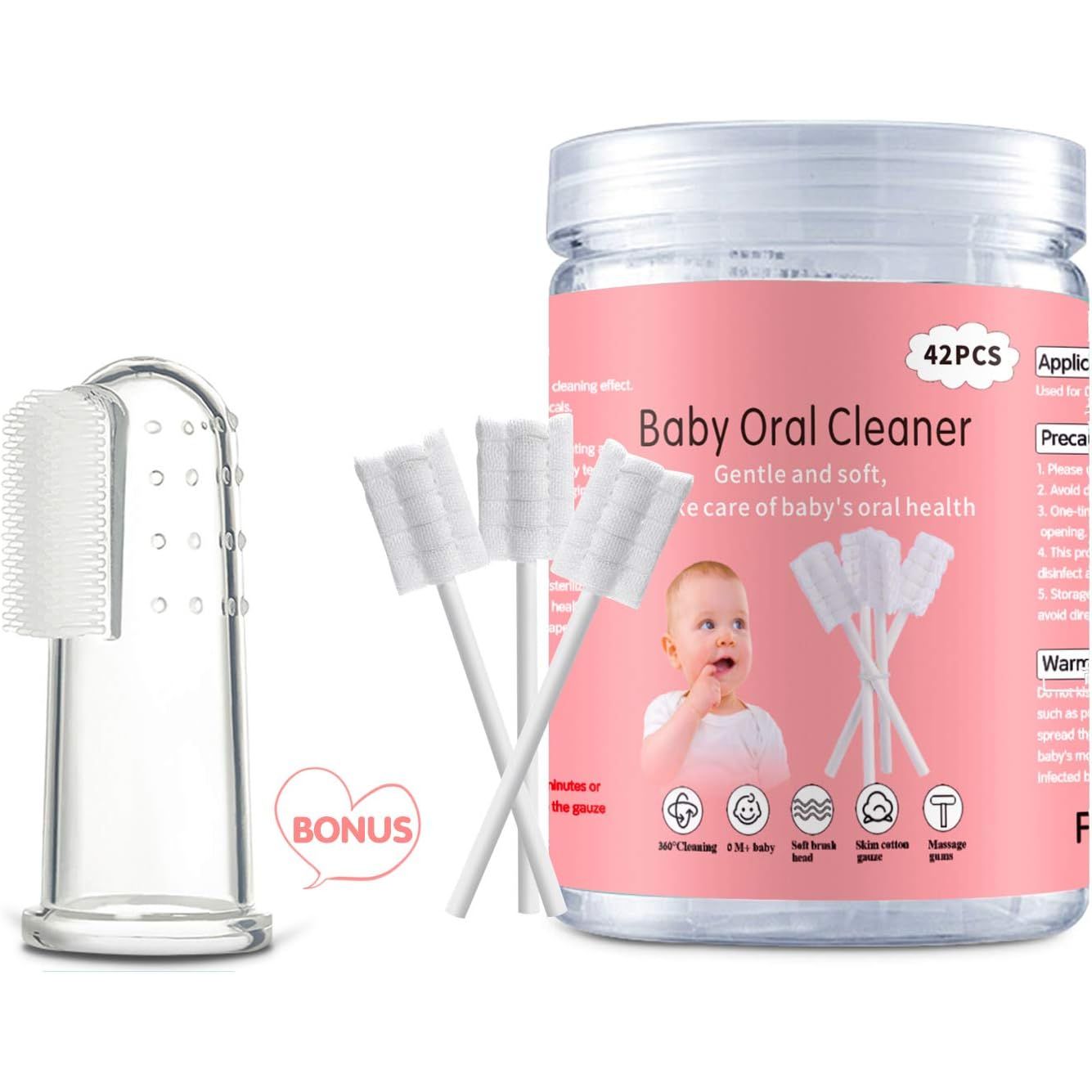 Baby Tongue Cleaner, Baby Toothbrush, 42Pcs Disposable Infant Toothbrush Clean Baby Mouth,Gauze Gum Cleaner Toothbrush Baby Oral Cleaning Stick Dental Care for 0-36 Month Baby+Free 1 Finger Toothbrush