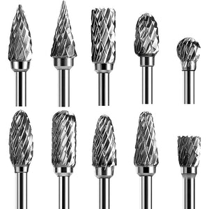 Double Cut Carbide Rotary Burr Set - 10 Pcs 1/8" Shank, 1/4" Head Length Tungsten Steel for Woodworking,Drilling, Metal Carving, Engraving, Polishing