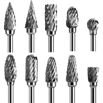 Double Cut Carbide Rotary Burr Set - 10 Pcs 1/8" Shank, 1/4" Head Length Tungsten Steel for Woodworking,Drilling, Metal Carving, Engraving, Polishing