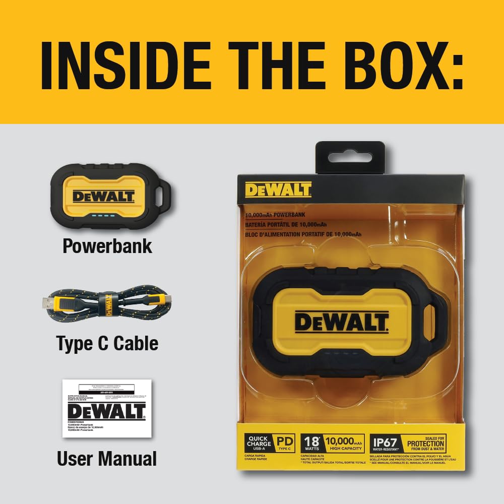 Buy now DEWALT Heavy Duty Portable Charger, Power Bank, Travel Worksite 10,000 mAh Battery Pack with USB-C Port for iPhone 17/16 Plus Pro Max, iPhone 15/14/13, Samsung Galaxy at indiglob india