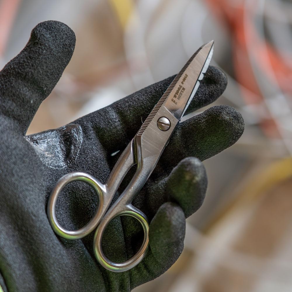Buy now Klein Tools 2100-9 Stainless Steel Electrician Scissors, Made in USA, 5.25-Inch Free-Fall Handle Snips, Stripping Notches, Non-Slip Serrated Blade at indiglob india