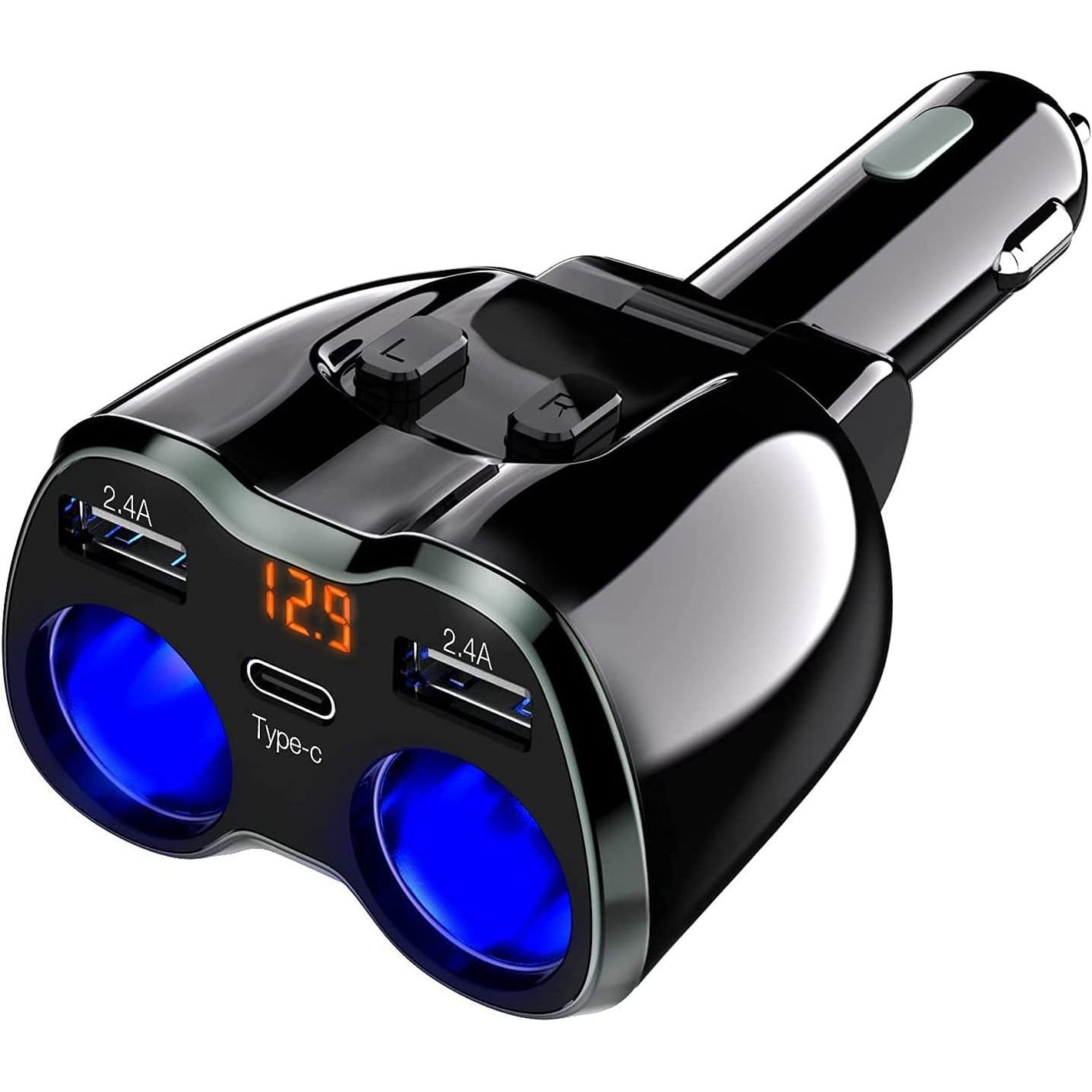 Otium USB C Car Charger, 2 Sockets Cigarette Lighter Splitter 12/24V 80W Dual USB Type-C Ports Separate Switch LED Voltage Display Built-in Replaceable 10A Fuse Compatible Mobile Phone GPS Dash Cam