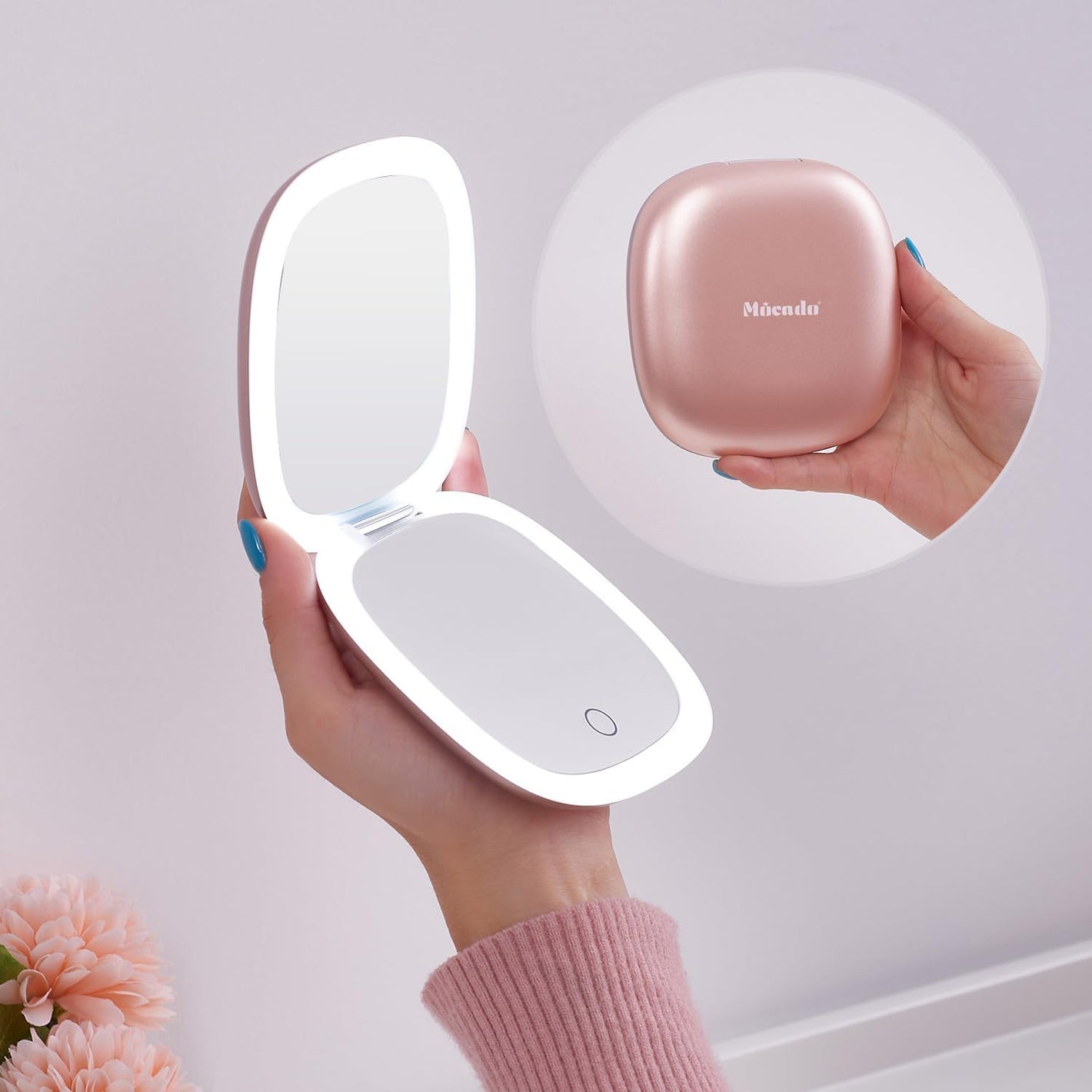 Mocado Compact LED Magnifying Makeup Mirror 4″ – 1X/10X Double-Sided Dimmable Touch Mirror | USB Rechargeable Portable Travel Cosmetic (Rose Gold)