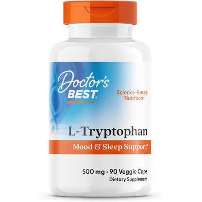 Doctor's Best L-Tryptophan , Helps Sleep, Healthy Mood & Behavior, Non-GMO, Vegan, Gluten & Soy Free, Veggie Caps, Promotes Normal, Healthy Restful Sleep, 90 Count