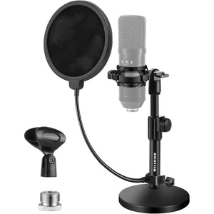 BILIONE Multifunctional Desktop Microphone Stand, Adjustable Mic Stand Desk with Pop Filter, Shock Mount, Microphone Clip, 5/8" to 3/8" Metal Screw Adapter