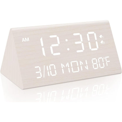 Kogonee Wooden Digital Alarm Clock, 0-100% Dimmer, 2 Alarm Settings, Weekday/Everyday Mode, 9 Mins Snooze, 12/24H, Temperature and Date Display for Office, Travel, Bedroom Alarm Clock (Brown)