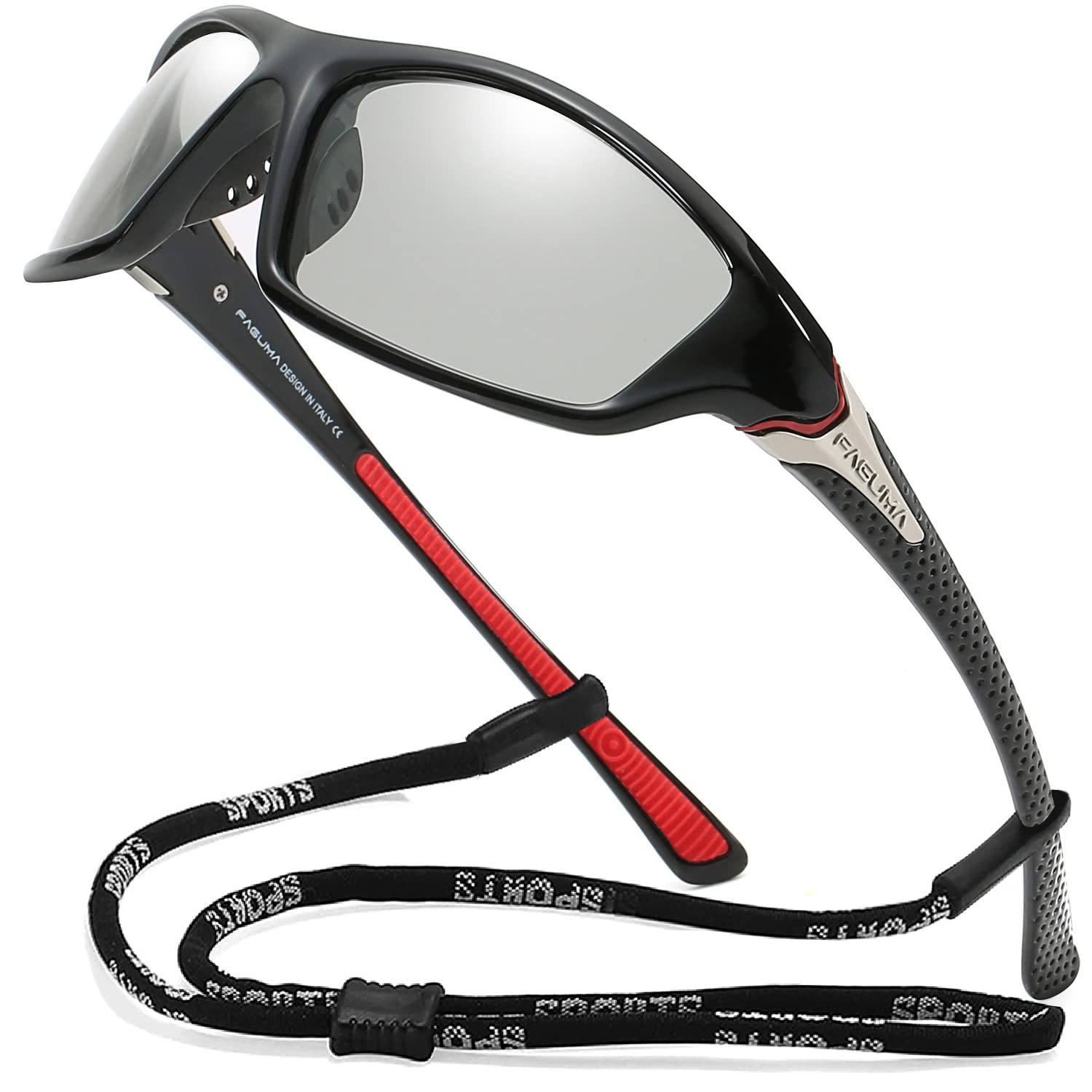 Buy now FAGUMA Sports Polarized Sunglasses For Men Cycling Driving Fishing UV400 Protection Black Frame Grey Transparency Lens at indiglob india
