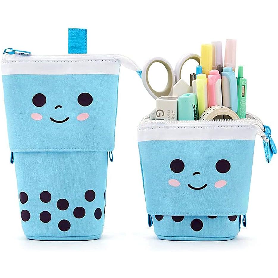 Cute Standing Pencil Case Pen Holder for Kids, Pop Up Stand UP Bubble Tea Pen Organizer Kawaii Stationary for Christmas Holiday New Year Office (Blue)