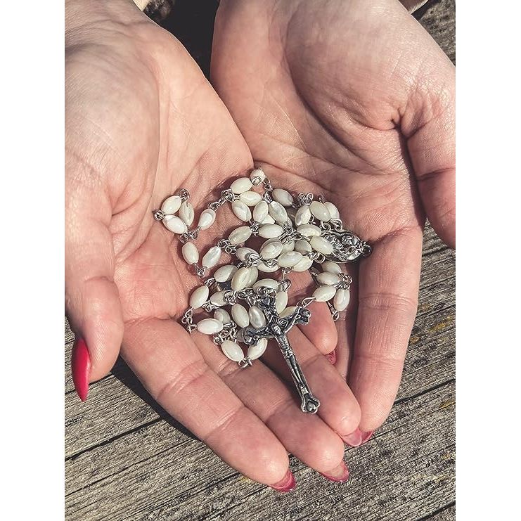Buy now Nazareth Store Natural Pearl Rosary Beads Catholic Necklace Jerusalem Holy Soil Meda and Silverl Cross at indiglob india