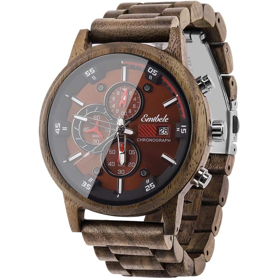 Emibele Wooden Watch for Men, Date Display Chronograph Quartz Wrist Watch, 3 Sub-dials Handmade Light Weight Luminous Watch - Walnut