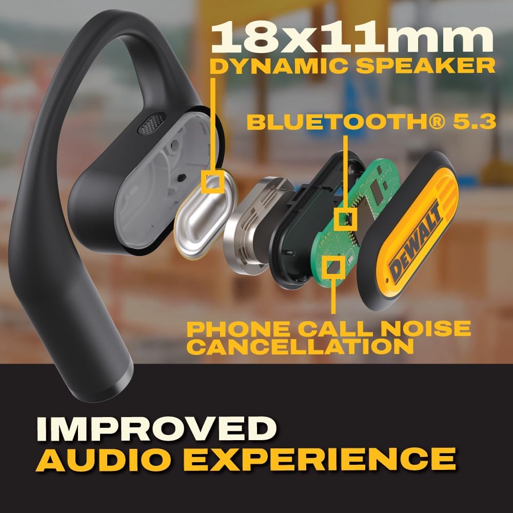 Buy now DEWALT Heavy Duty Open Ear Headphones, Bluetooth 5.3 Wireless Earbuds IP55, 44Hrs Runtime, Jobsite Premium Sound True Wireless Air Conduction Open Ear Earbuds with Earhooks for Worksites and Workouts at indiglob india
