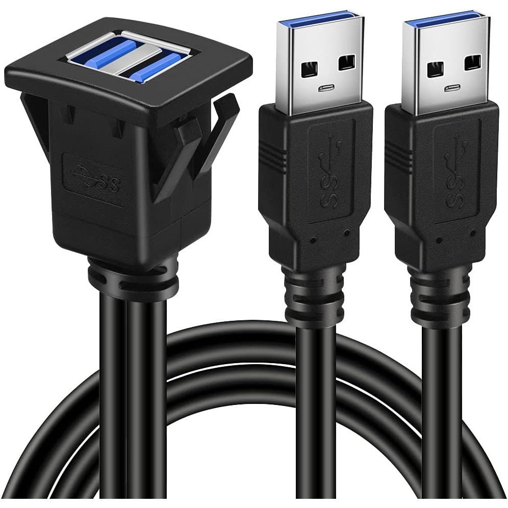 BATIGE Dual Ports Square USB 3.0 Panel Flush Mount Extension Cable with Buckle for Car Truck Boat Motorcycle Dashboard-3ft