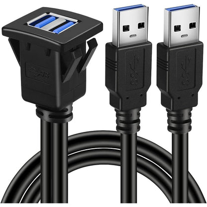 BATIGE Dual Ports Square USB 3.0 Panel Flush Mount Extension Cable with Buckle for Car Truck Boat Motorcycle Dashboard-3ft