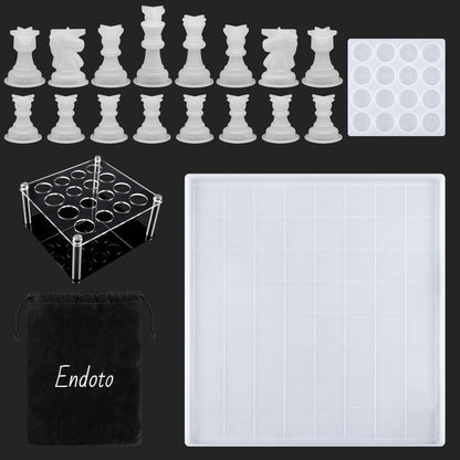 Endoto Chess Set with Checkers Board Silicone Resin Mold, 16 Pieces Full Size 3D Chess Crystal Epoxy Casting Molds for DIY Art Crafts Making, Family Party Board Games and Home Decoration