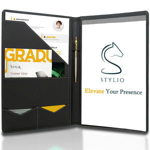 Buy now STYLIO Padfolio Portfolio Organizer Binder | Interview Resume Folder, Legal Document, Business Card Holder |w/Letter-Sized Notepad | Handsome Piano Noir Faux Leather Folio Matte Finish, Accent Stitch at indiglob india