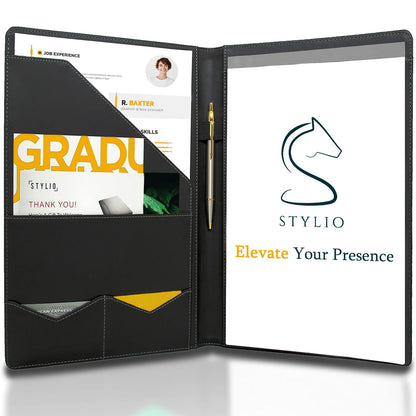 Buy now STYLIO Padfolio Portfolio Organizer Binder | Interview Resume Folder, Legal Document, Business Card Holder |w/Letter-Sized Notepad | Handsome Piano Noir Faux Leather Folio Matte Finish, Accent Stitch at indiglob india