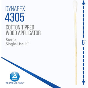 Dynarex 6-Inch Sterile Cotton Tipped Applicators - Single-Use Wooden Cotton Tip Applicators for Wound Care & Dressing, Hygiene, Make Up, Cleaning Tools, Jewelry - 1 Box of 100 Pouches, 2 per Pouch