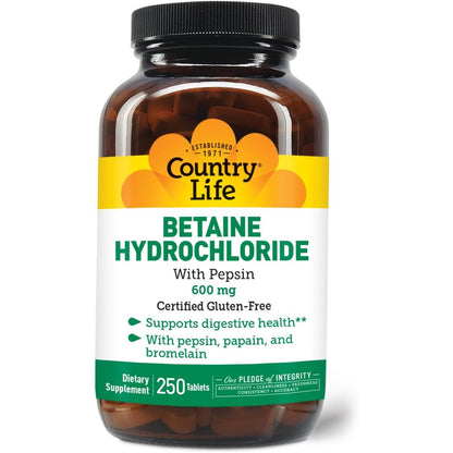 Country Life Betaine Hydrochloride with pepsin 600 mg - 250 Tablets