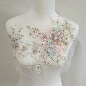 3D Embroidered Patches Nail Bead Tulle Applique Flower Patch for Clothing Wedding Dress Lace Fabric DIY Decoration(Pink1)