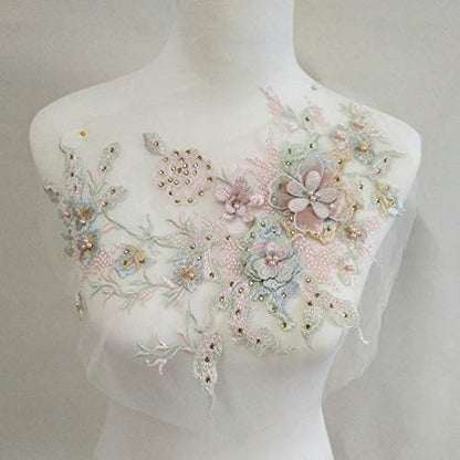 3D Embroidered Patches Nail Bead Tulle Applique Flower Patch for Clothing Wedding Dress Lace Fabric DIY Decoration(Pink1)