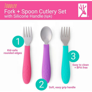 Elk and Friends Kids Silverware with Silicone Handle | Childrens Safe Flatware | Toddler Utensils | Baby Spoons + Forks | Stainless Steel Cutlery