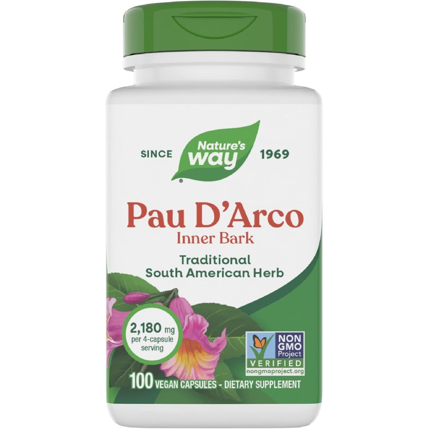 Nature's Way Pau d'Arco Inner Bark, Traditional South American Herb, 2,180 mg per 4-Capsule Serving, Non-GMO Project Verified, 100 Capsules (Packaging May Vary)