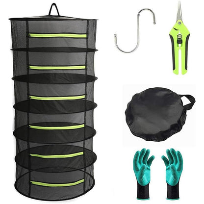 6-Layer Herb Drying Rack, 2ft Plant Hanging Mesh Dry Net with Green Zippers and Bonus Hook