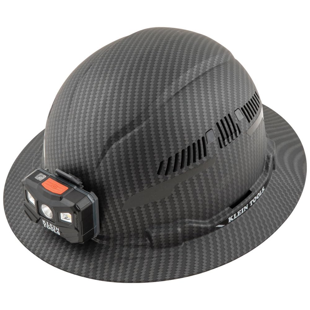 Buy now Klein Tools 60347 Hard Hat, Vented Full Brim, Class C, Premium KARBN Pattern, Rechargeable Lamp, Padded Sweat-Wicking Sweatband, Top Pad at indiglob india
